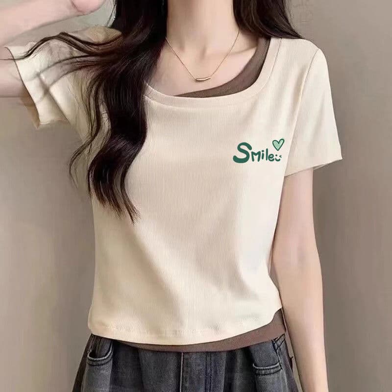 Fake two-piece pure cotton short-sleeved T-shirt for women 2025 summer new Korean style square collar right shoulder printed irregular T-shirt for women