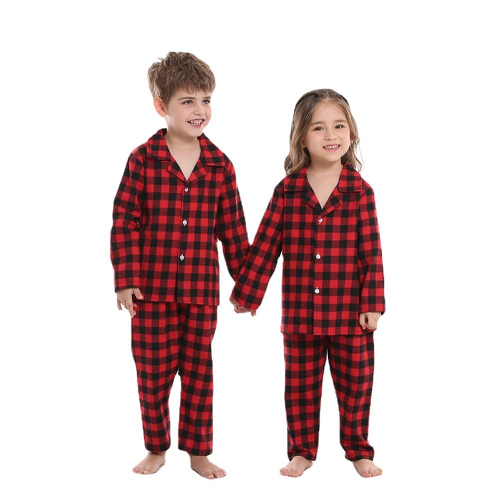 2025 Autumn Cotton Pajamas New Matching Sibling Set Red Black Plaid Christmas Loungewear Two-Piece Set Christmas