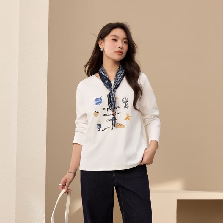 【Printed Scarf T-Shirt】Xianlixiu Plus Size Women's Pure Cotton Comfortable Versatile Top for Curvy MMs, 2025 Autumn New Arrival