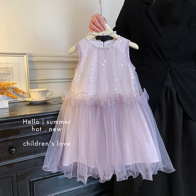 Girls Sleeveless Dress Summer Children Fairy Purple Mesh Skirt Stylish Vacation Sequin Vest Princess Dress