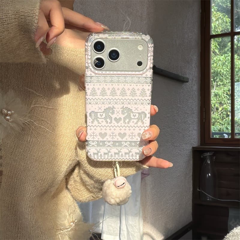 Pink Fair Isle pony pom-pom bell case for iPhone 17 Pro Max, Apple 16, 15, 14, double-layer