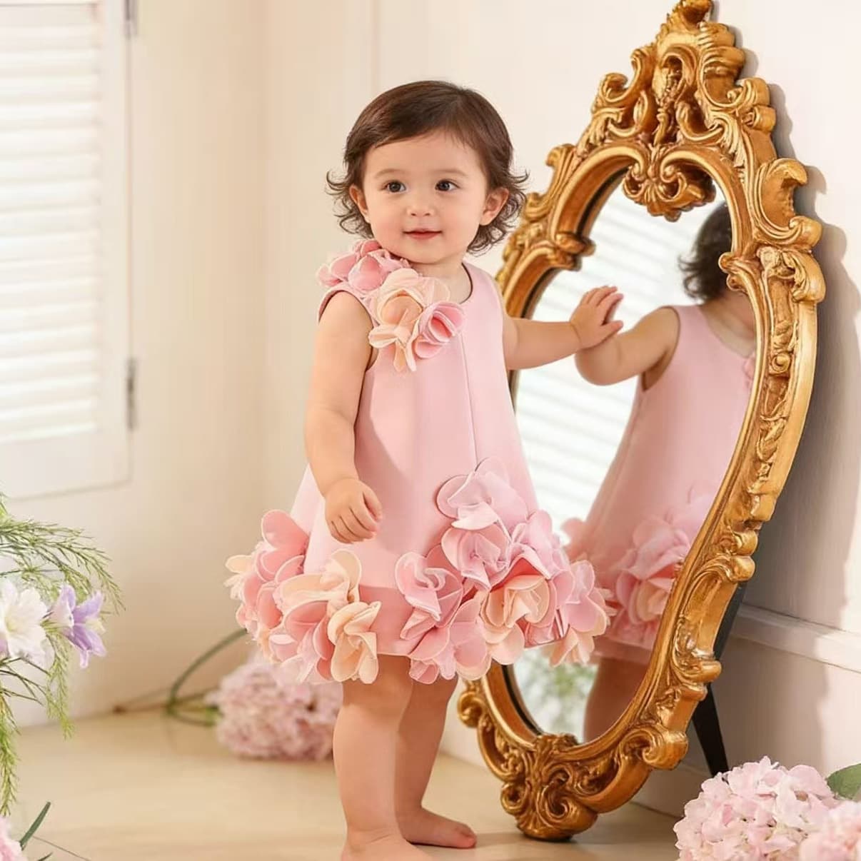 AliExpress Europe and America Pink 3D Floral Sleeveless Princess Dress 2026 New Sweet and Cute Daily Children's Gown