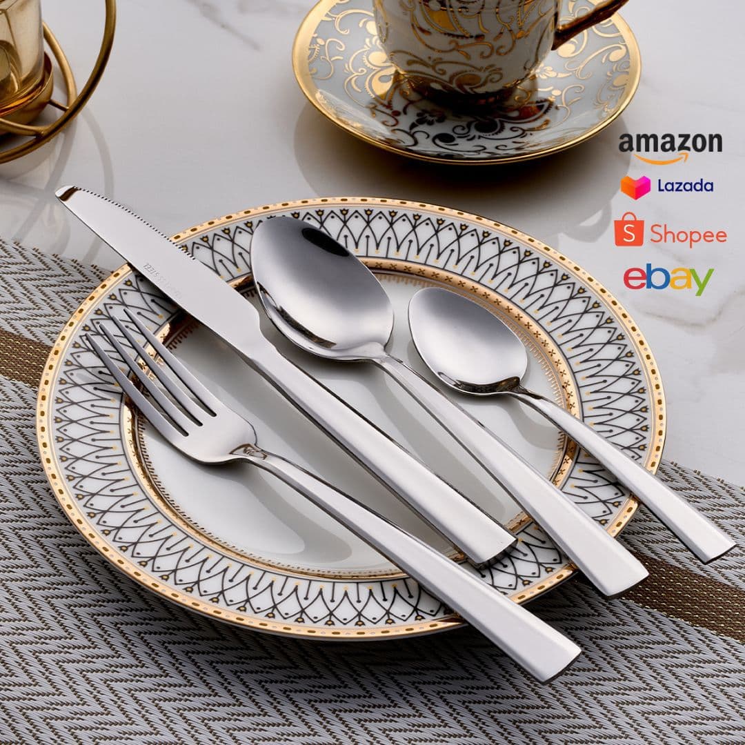 Cross-border Square Handle Ins Style Cutlery Set, Stainless Steel Western Steak Knife, Spoon, Fork, Dessert Spoon and Fork