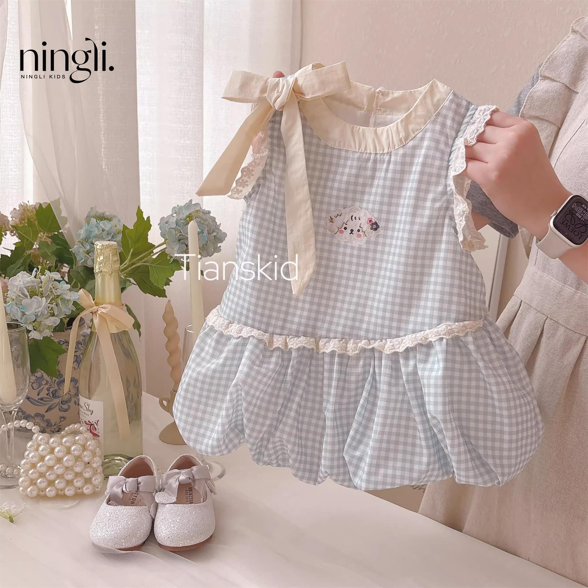 Ningli girls dress summer sweet bow blue and white plaid baby cute flower bud vest princess dress
