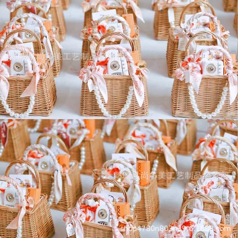 Woven handbag with pearls, gift basket for full moon celebrations, weddings, bridesmaids, birthdays, and small gift boxes, rattan women's bags.