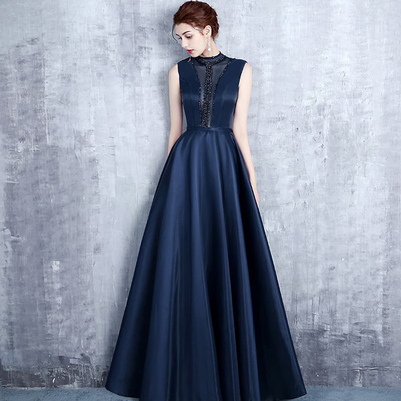 Navy Blue Elegant Banquet Evening Dress Slim Fit Stage Performance Dress Host Recitation Gown