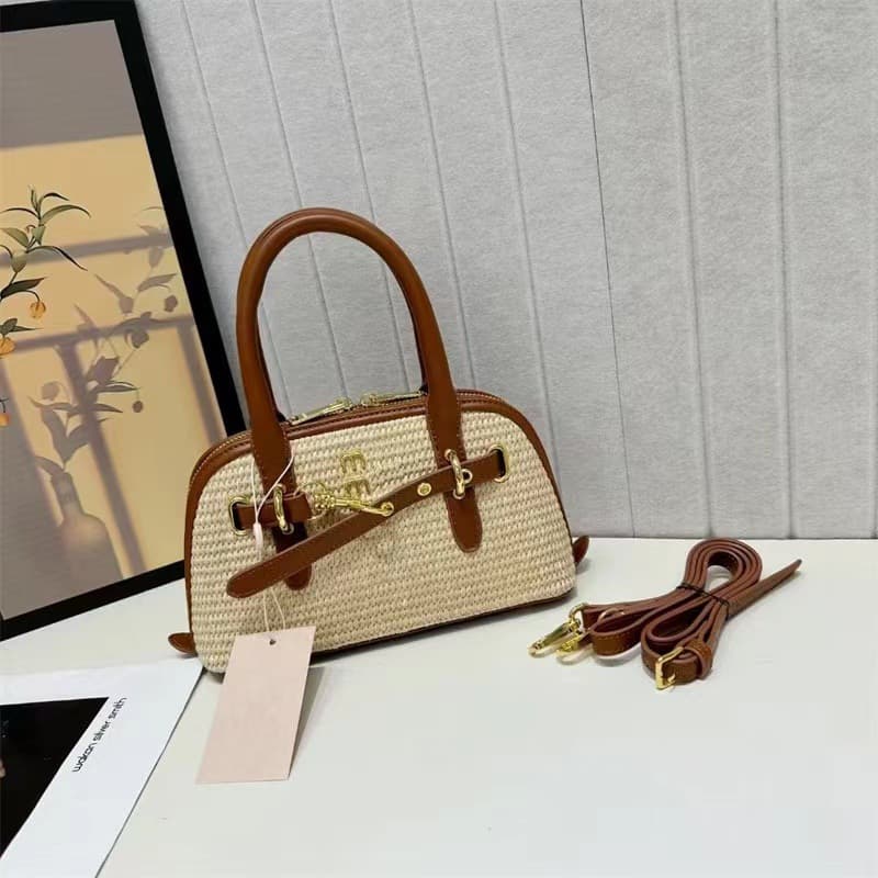2025 Miu new straw woven shell bag hot style portable shoulder crossbody bag for women contrasting color woven beach bag