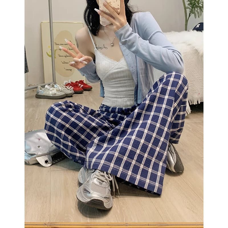 Zhao Lusi's same style navy blue plaid trousers for women, summer lazy style, loose, flesh-covering, slimming wide-leg trousers