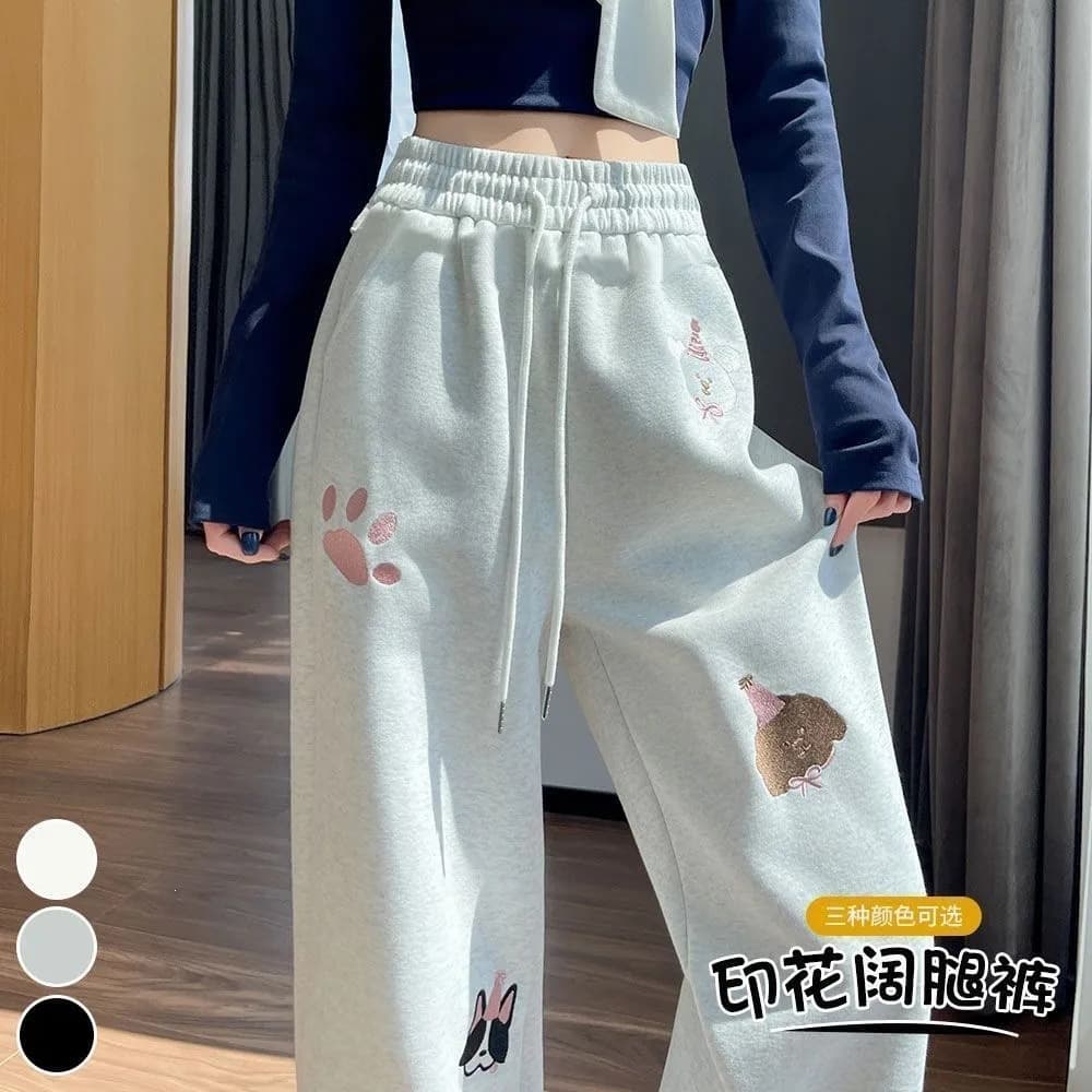Drawstring Elastic Waist Princess-Style Casual Wide-Leg Pants for Women, Fashionable and Stylish Straight-Leg Pants, New Cartoon Embroidered Sports Pants