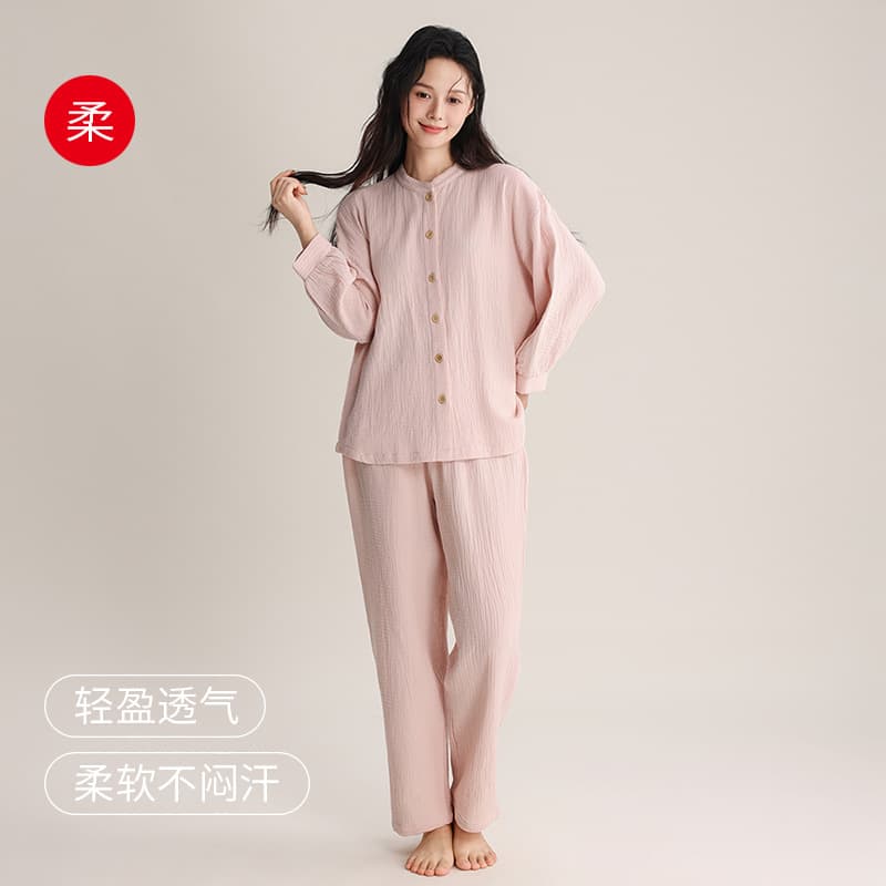Spring Summer Women's Sleepwear Double Layer Pleated Cotton Plain Simple Japanese Style Small Stand Collar Home Clothes Set