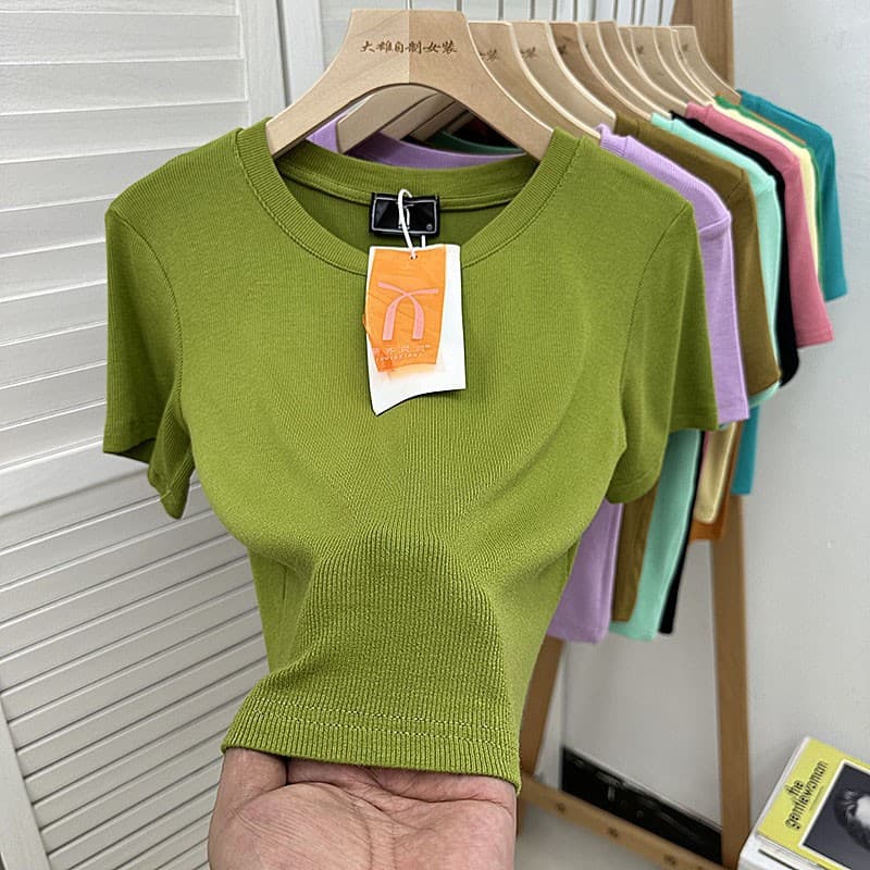 High Waist Short Sleeve Round Neck Women's T-Shirt Elastic Slimming Fashionable Base Layer Belly Show Pure Color Top Summer