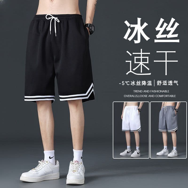 Men's casual sports pants summer style ice silk loose Korean style trendy loose straight pants five-point pants for men