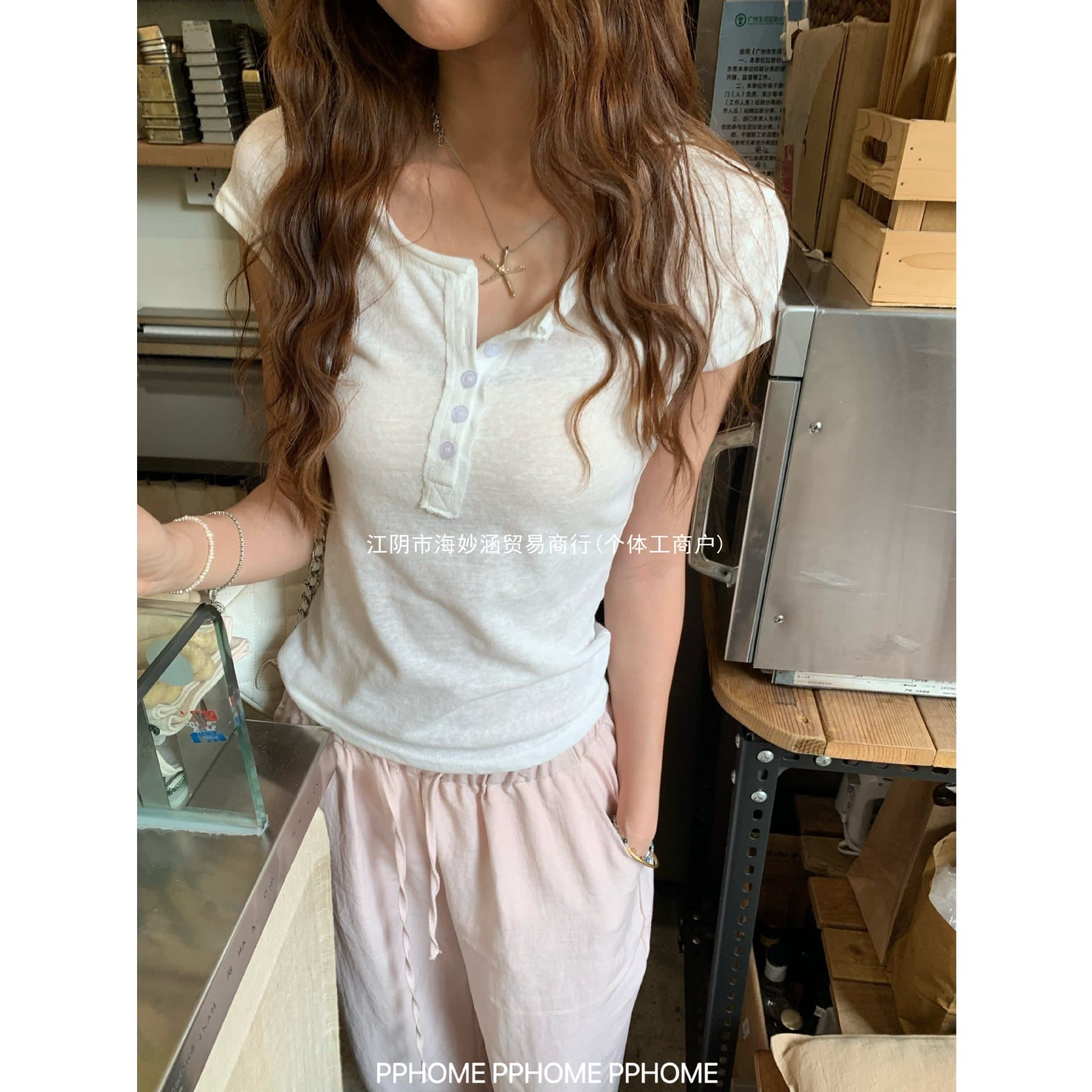 PPHOME homemade~favorite top relaxed roll collar slimming slightly see-through short-sleeved right shoulder T-shirt women's versatile summer clothing