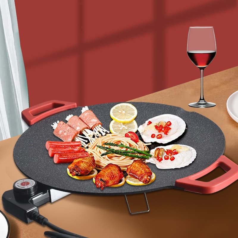 Korean-Style Multifunctional Electric Grill Plate with Mafan Stone Coating, Round Electric Grill Pot for Steak, Household Smokeless Electric Frying Pan