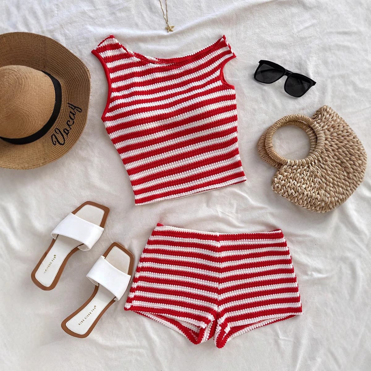 Ruihou Cross-Border Trade European and American Striped Camisole Shorts Set 2025 Summer Knit Hot Pants Top Two-Piece Set
