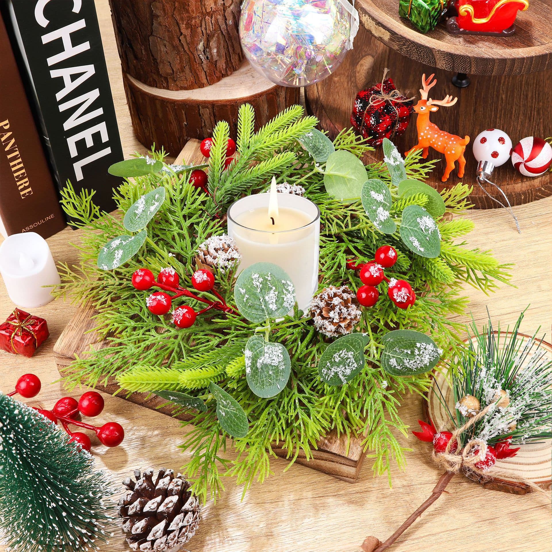 Cross-border Christmas Wreath Tabletop Candle Decoration with Red Berries Pine Cones, Window Hanging Fabric Decor