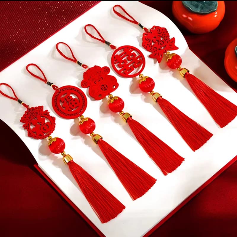 Year of the Horse New Year Wooden Green Plant Bonsai Hanging Decoration Red Festive Chinese Knot Hanging Decoration for Housewarming