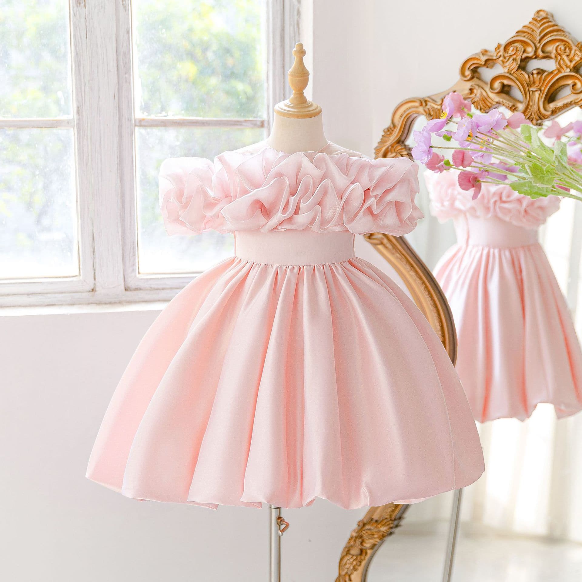 Cross-border Export Children's Off-Shoulder Flower Bud Princess Dress, Piano Performance Host Outfit, Flower Girl Gown