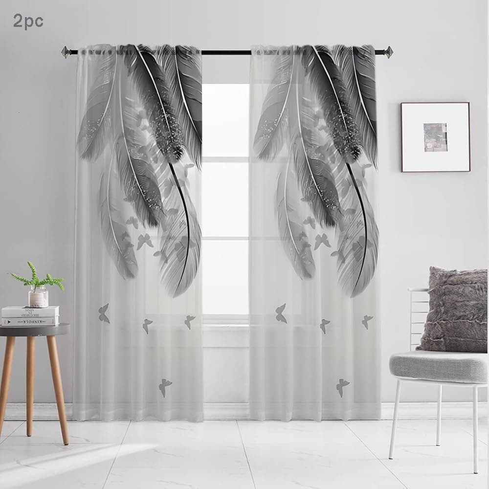 JIT Shipping Special Direct Factory Supply, Gray Coconut Leaf Nordic Style Digital Print Processed Curtain Sheer with Light Transmission