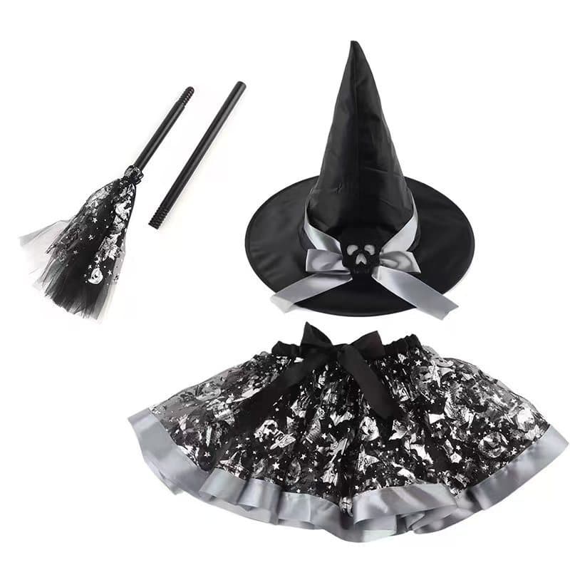 Halloween pumpkin skirt suit witch broom witch hat set European and American printed mesh tutu skirt suit