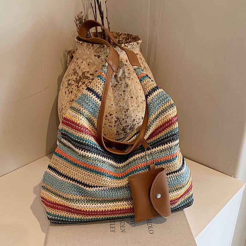Large Capacity Woven Rainbow Straw Bag 2024 New Fashion Shoulder Commute Bag Lazy Style Versatile Tote
