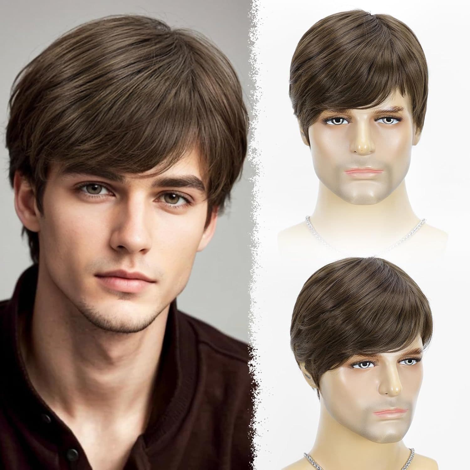 In Stock Cross-Border Men's Brown Wig for Europe and USA, Side-Parted Oblique Bangs, High-Temperature Synthetic Fiber Wig Mens Wig