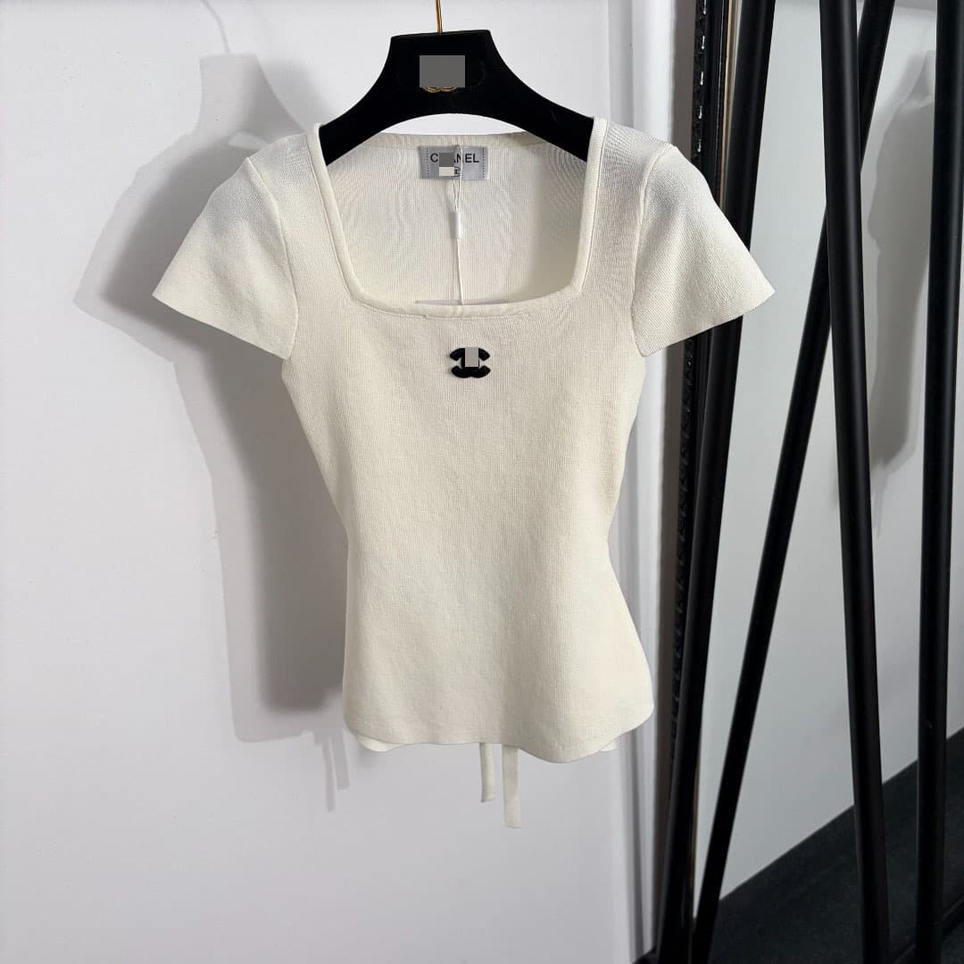 Nanyou High-End Export Slim Fit Date Outfit Back Tie Square Neck Slim Fit Short Sleeve Knit Top