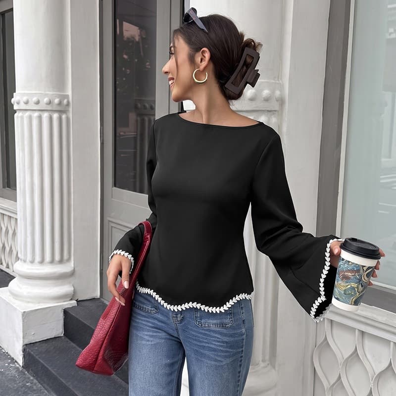 US/EU Amazon 2026 Fall/Winter New Shirt with Tie A-Line Stitching Lace Long Sleeve Boat Neck Blouse for Women