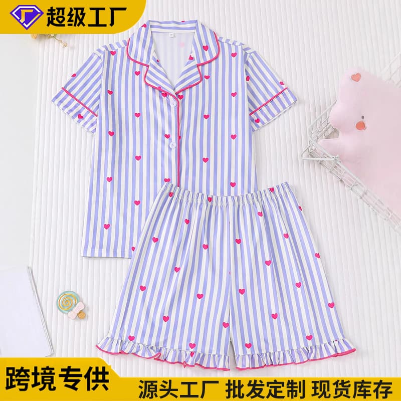 Cross-border Export Kids' Homewear Heart Flame-retardant Fabric Sweet Summer Short-sleeve European and American Style Children's Pajama Set