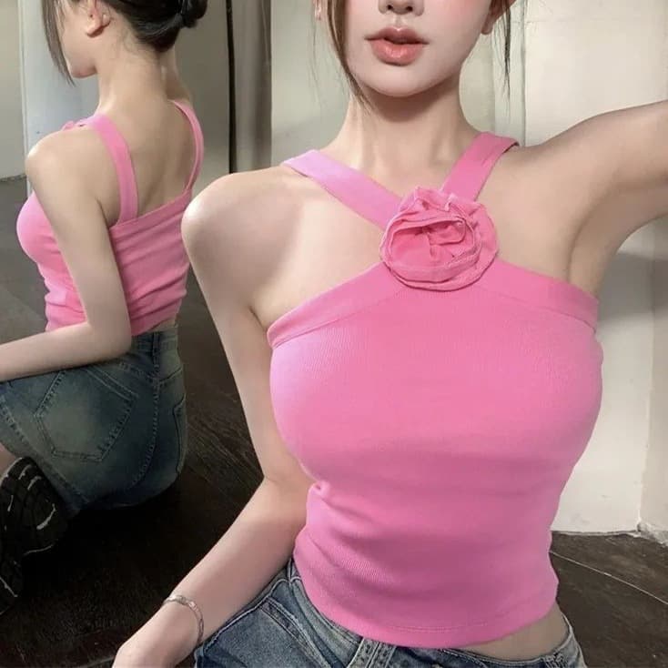 Pink Floral Camisole Top for Women Summer Sweet & Spicy Off-Shoulder Sexy Inner Wear Short Crop Top Blouse