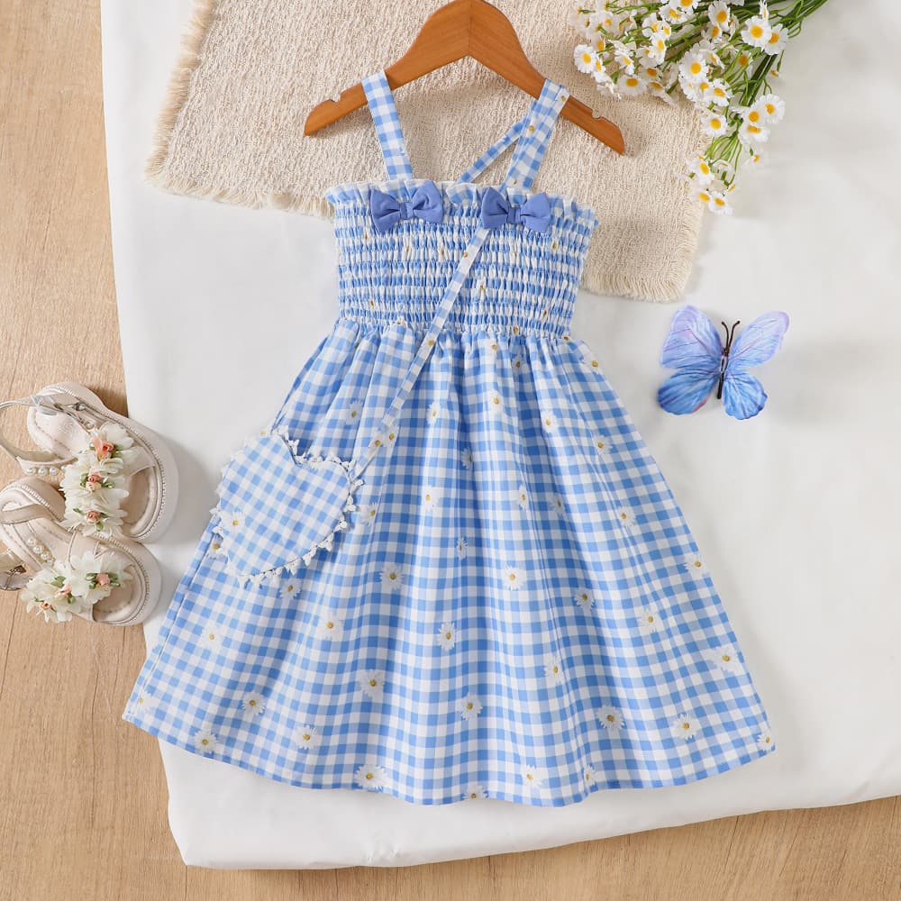 Ew Foreign Trade Children's Clothing New Product for Small and Medium-Sized Children, Girls' Summer Style Casual Dress with Bow and Small Floral Plaid Q2194-E