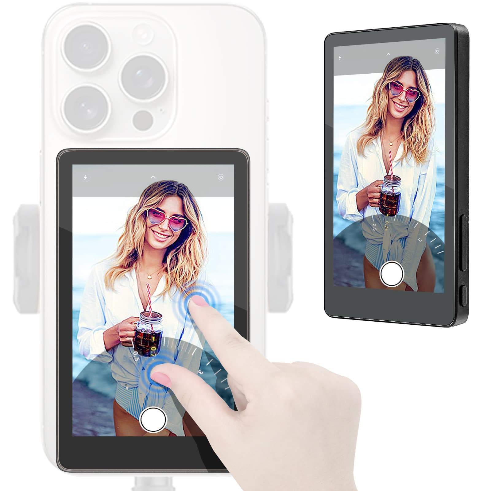 Phone Selfie Same-Screen Device with Touch Reverse Control, One-Touch Photo/Video Recording with Synchronized Sound
