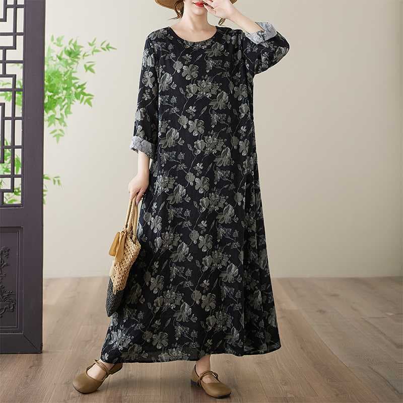 Actual Photo In Stock Cotton Linen Printed Round Neck Loose Plus Size Long Sleeve Dress for Plus Size Women Vacation