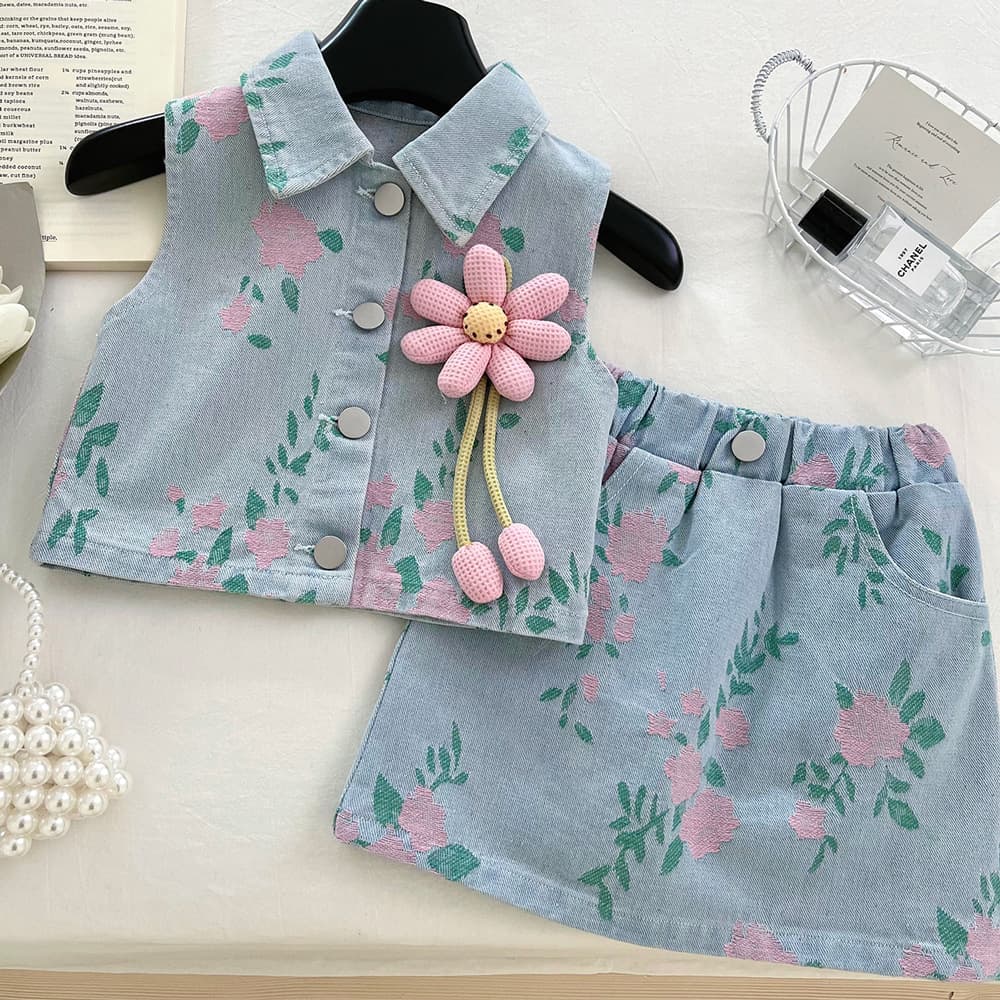 Girls summer fashionable denim suit skirt 2026 new baby girl Korean version thin printed denim two-piece set