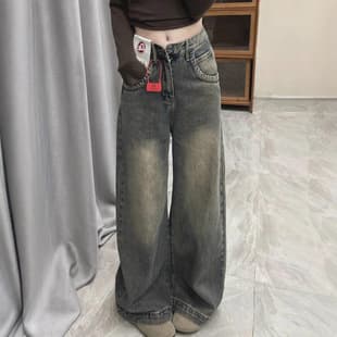 【Han Niu】American Retro Vintage Blue Wide Leg Jeans for Women 2025 Fall New Straight Leg Jeans