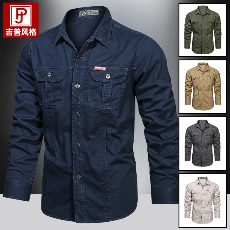 Men's Long Sleeve Shirt Spring Autumn Streetwear Loose Pure Cotton Cargo Japanese Style Top Fall Casual Button-Down Collar Shirt for Men