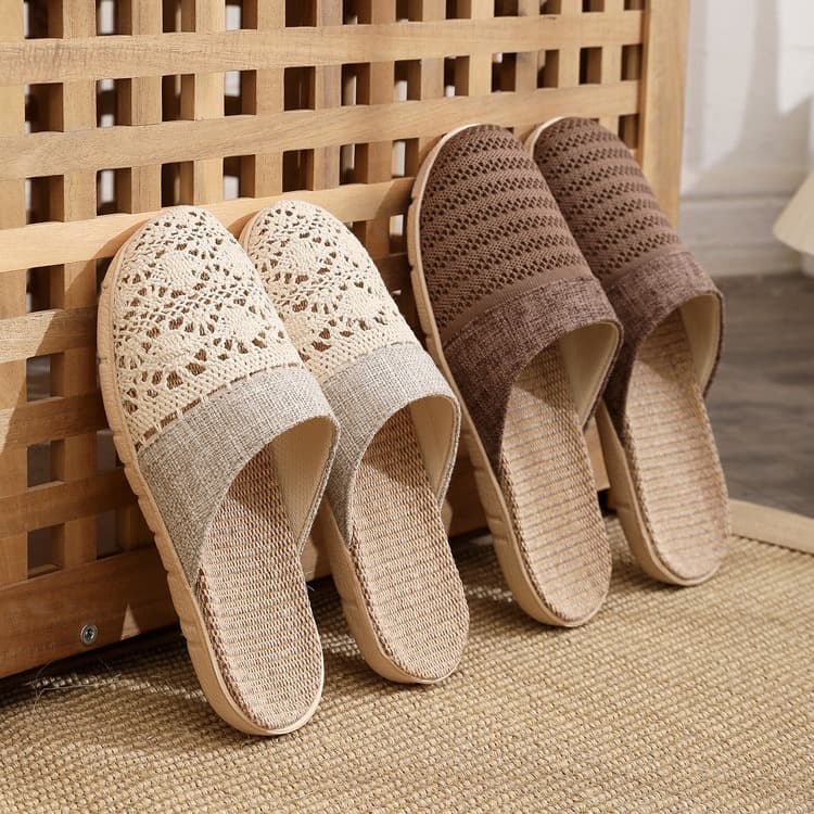 Home Linen Summer Slippers for Men and Women, Indoor Anti-Slip, Lightweight, Soft Sole, Floor Slippers, Hollow Breathable