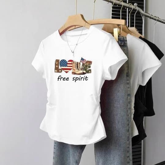 Qiduo Cross-Border Fashion Summer Freedom & Love Printed Short Crop Top