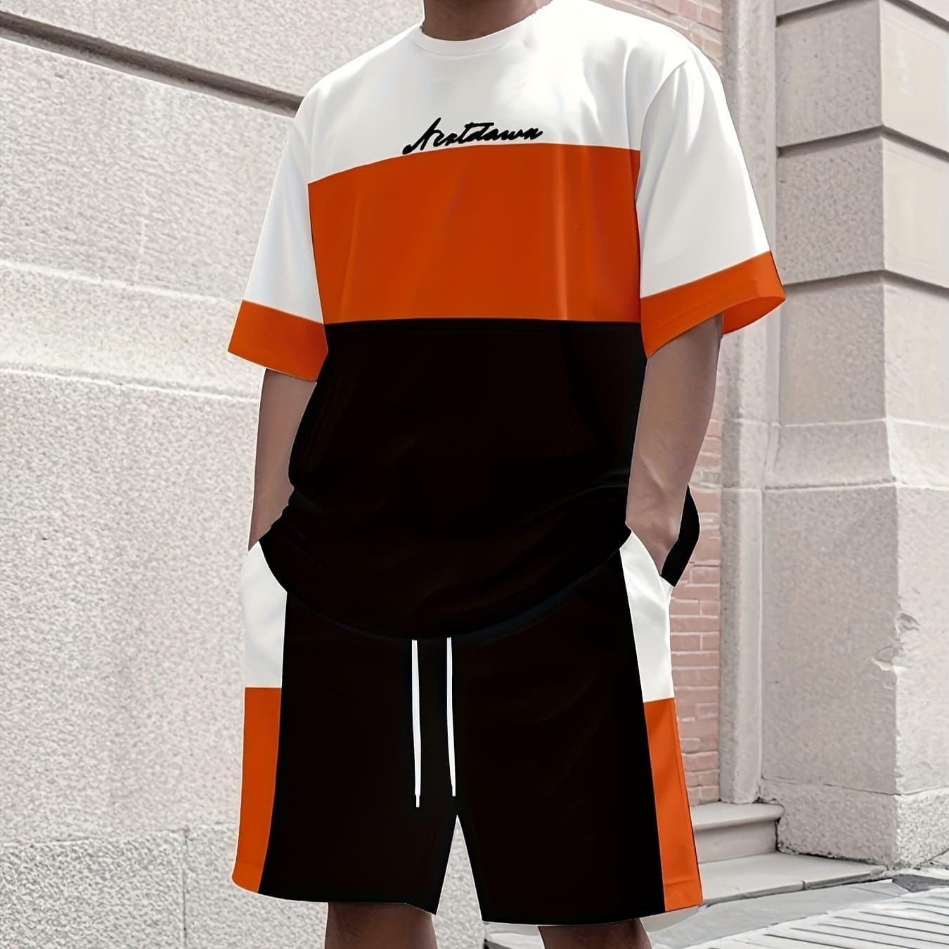 Big Size Men's 3D Print Round Neck Short Sleeve T-Shirt and Shorts Set, Fashion Print Summer Two-Piece Set