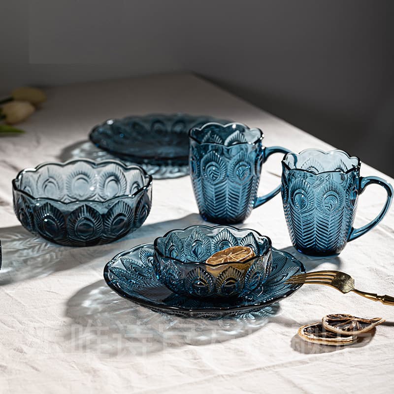 Dark Blue Peacock Salad Bowl, Fruit Platter, Glass Handle Cup, Creative Gift Set, Business Event Sign-in Gift Series, Soup Bowl