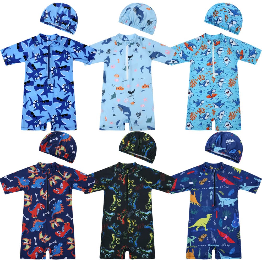 2026 New Men's and Boys' One-Piece Swimsuit Dinosaur Shark Print Zipper Comfortable High-Stretch Swimwear Children's Swimsuit