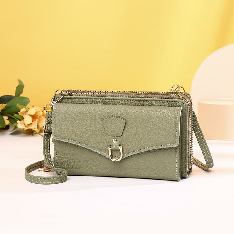 2025 cross-border new mobile phone bag women's crossbody shoulder bag Korean version solid color simple multi-layer double pull women's wallet