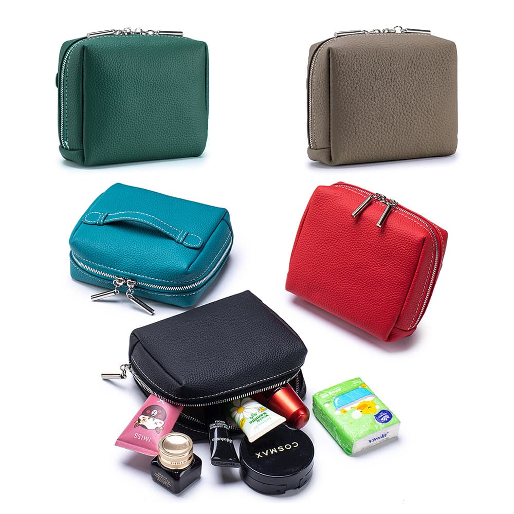 New Genuine Leather Portable Mini Cosmetic Bag Travel Toiletry Organizer Premium Cowhide Lipstick Coin Purse