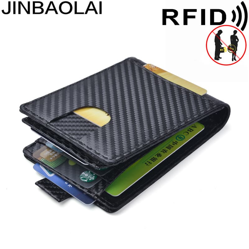 Jinbaolai New Multi-Slot Carbon Fiber Wallet RFID Anti-Magnetic Coin Pouch Men's Genuine Leather Wallet