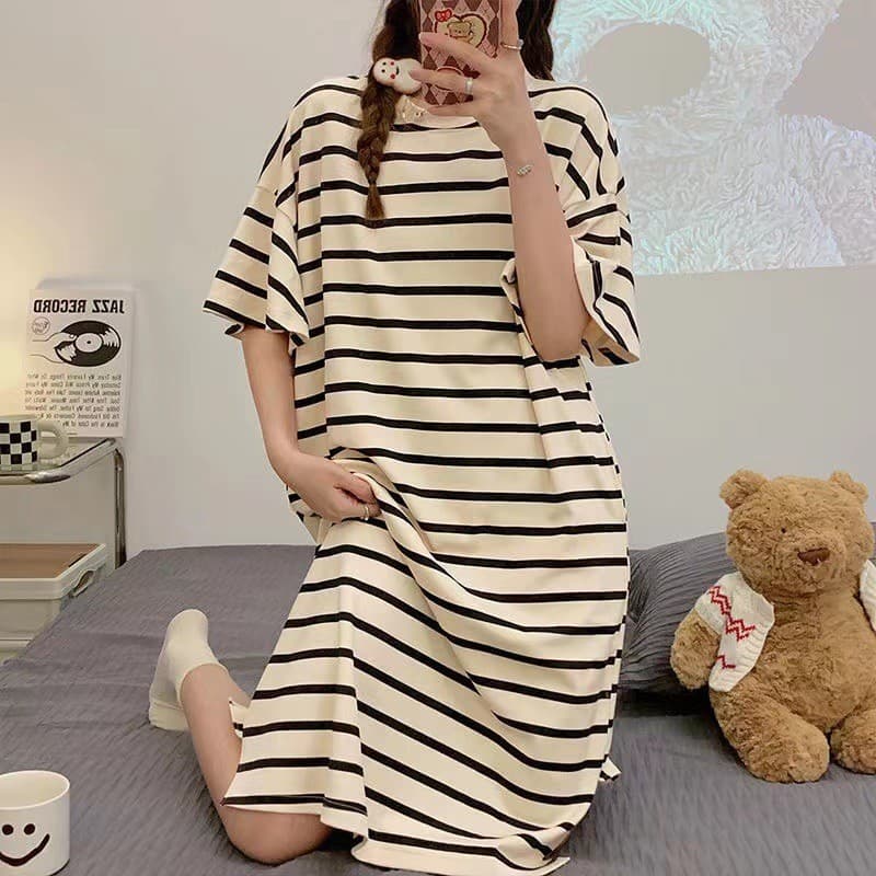 Women's Summer Pajamas, Korean Style Modal One-Piece Loungewear, Cartoon Loose Breathable Long Dress, Sweet for Women to Wear Out