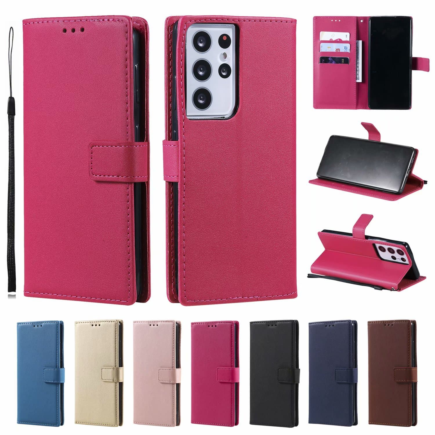 Compatible with Samsung S25 Ultra Solid Color Lambskin Phone Case A56 Card Slot Wallet Case A17 Flip Cover Protective Case