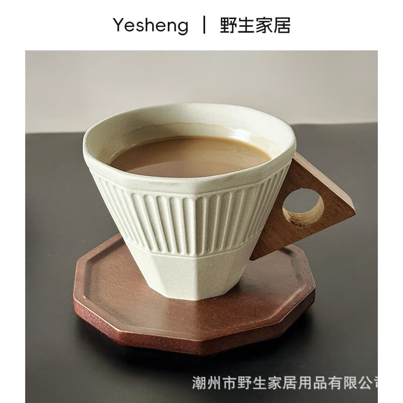 Clay coffee cup, antique floral tea mug, coffee cup set, wooden coaster, gift to customer, logo