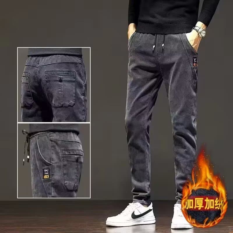 Cross-border Drop Shipping Fleece-Lined Men's Jeans, Autumn New Thickened Warm Korean Style Slim Fit Tapered Harlequin Casual Pants