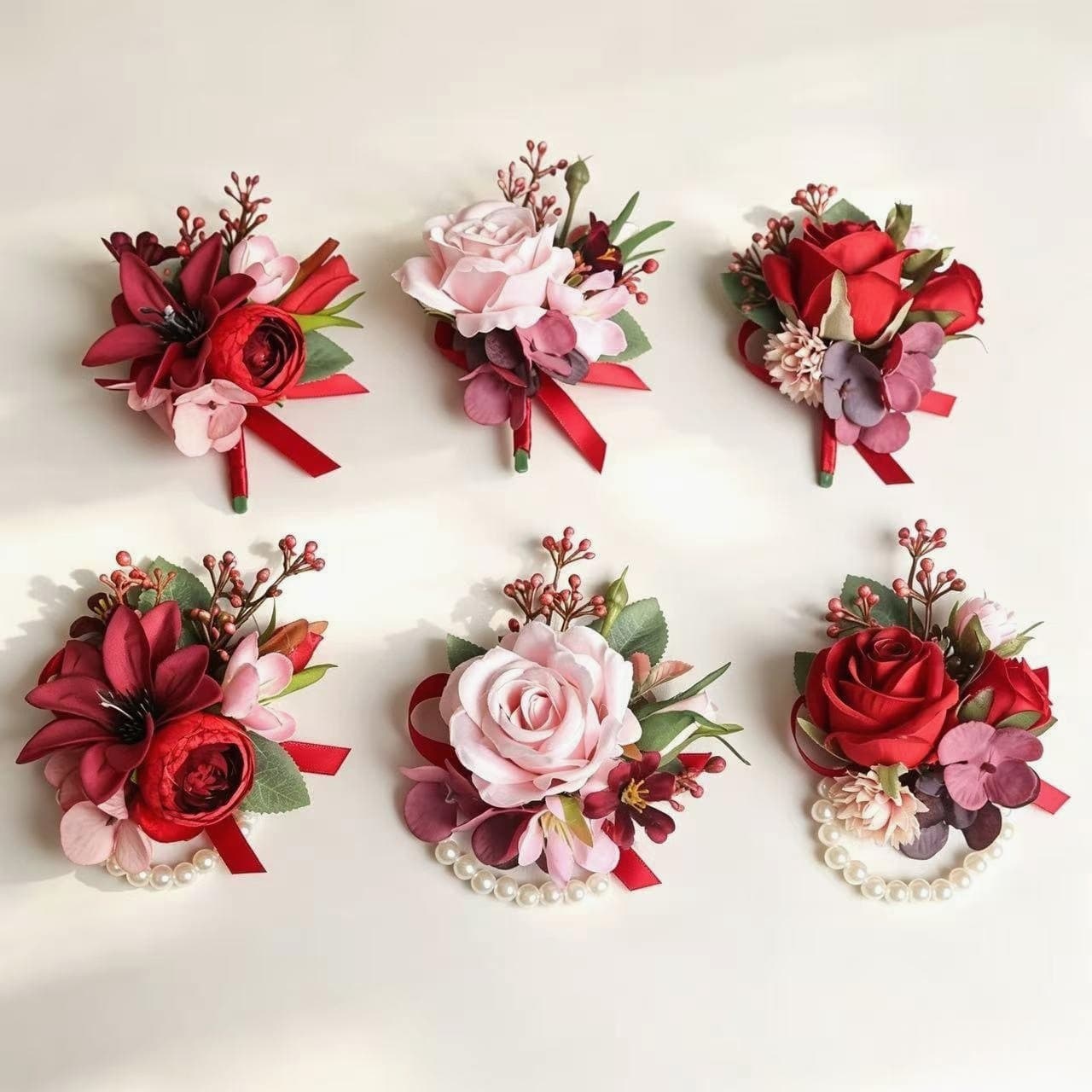 Simulated flower wedding corsage bride groom bridesmaid groomsman wrist flower red pink rose wedding accessories