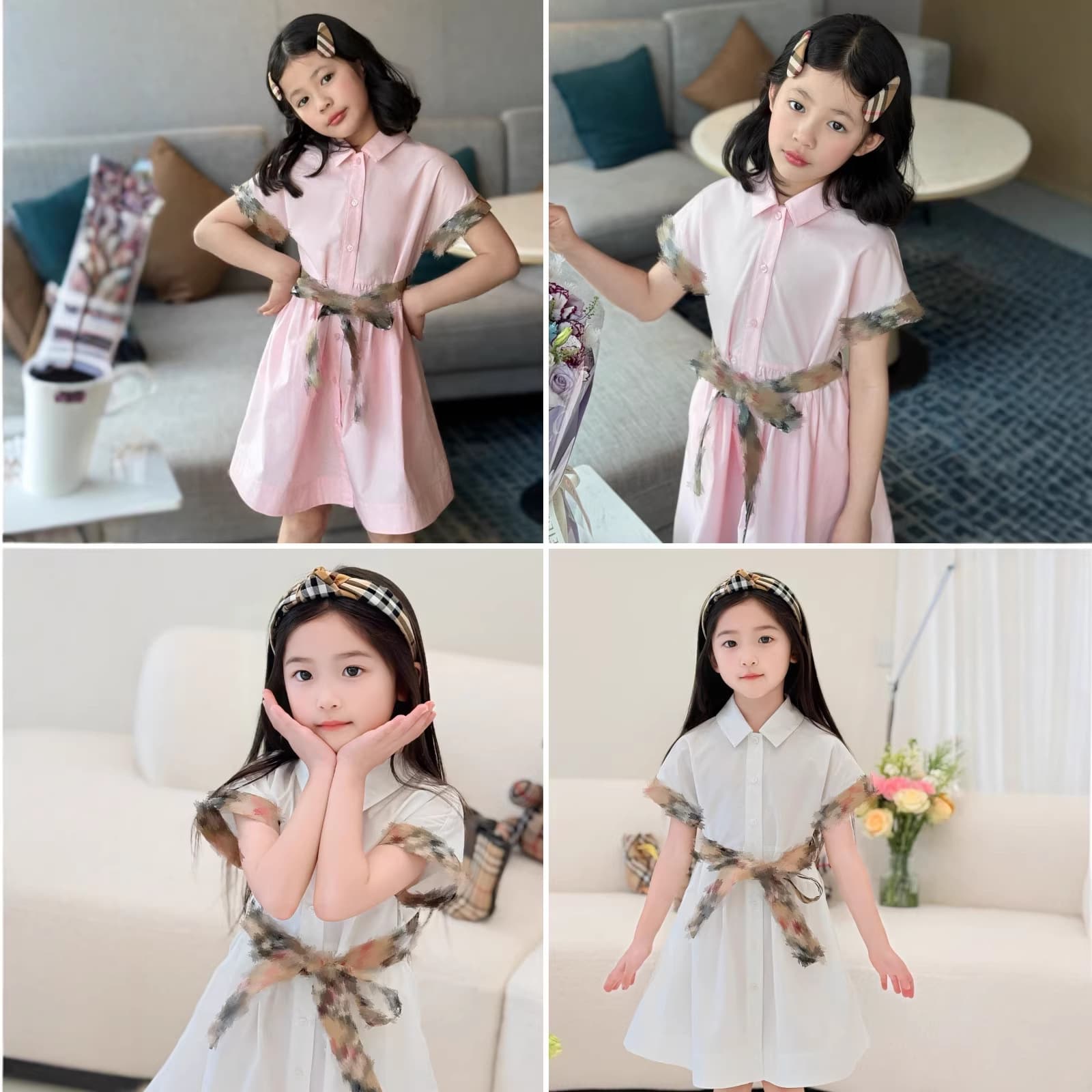 SY children's clothing pre-sale B26 spring and summer new girls white/pink plaid belt medium and large children's dress